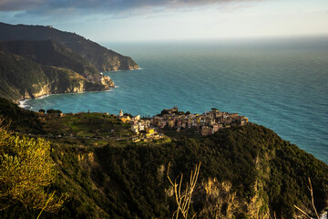 Fototapeta premium Aeral view of Corniglia, one of the Cinque Terre