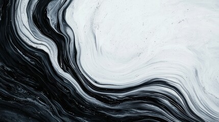 Abstract black and white swirling patterns create a striking visual contrast, evoking depth and fluidity in a contemporary art style.