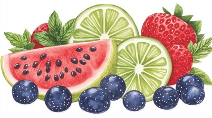 Tropical fruit clip art in watercolor, showing an open section of bright, juicy fruit. Fresh and vibrant design, isolated on white for culinary use.