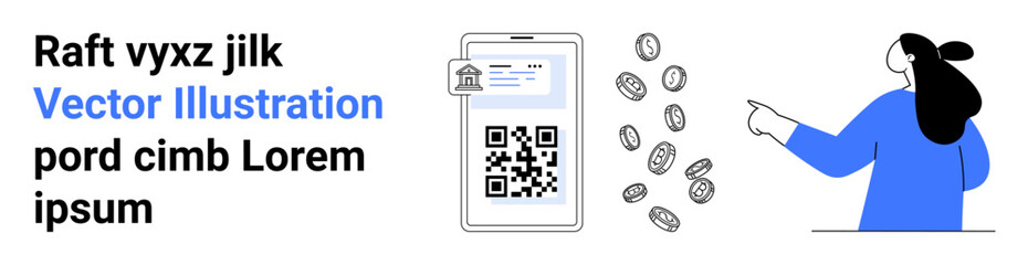 A person points at a phone screen displaying a QR code as coins float around. Ideal for digital transactions, mobile payments, fintech apps, online banking, cryptocurrency. Landing page