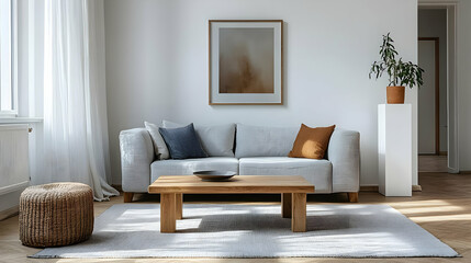 Modern Living Room Decor with White Walls, Gray Sofa and Wooden Coffee Table
