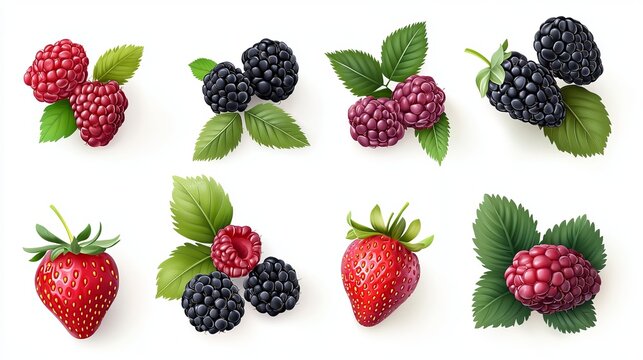 Forest fruits, raspberries, strawberries, blackberries, blueberries. 3D realistic vector icon
