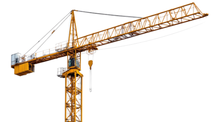 A bustling construction site featuring tall cranes and a steel building against a clear blue sky