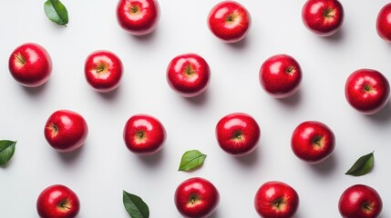Fresh red apples surrounded by green leaves on a white background, perfect for food and nature photography