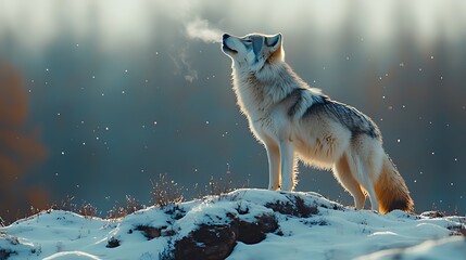 Obraz premium A lone wolf stands on a snow-covered hill, howling at the sky, with a soft, snowy background.