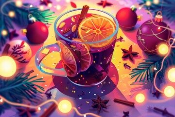 Festive mulled wine with ornaments and warm lights