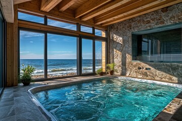 Fototapeta premium A hot tub overlooking the ocean, perfect for relaxing and taking in the breathtaking views