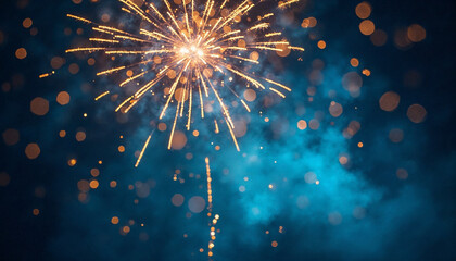 Gold and blue fireworks bursting in the night sky, with a blurred bokeh effect in the foreground