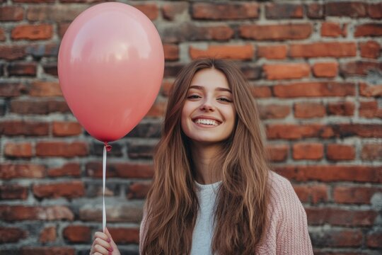 A person holds a pink balloon near a brick wall, suitable for party or celebration themes