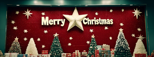 Naklejka premium A Christmas display in the supermarket features many decorations, including a large red wall and a white star-shaped decoration on top of it. The words 