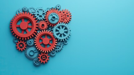 A vibrant arrangement of red and blue gears forming a heart shape on a turquoise background, symbolizing the fusion of creativity and technology.