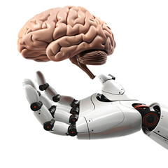 Futuristic Robot Hand Holding Human Brain - Transparent Tech Concept