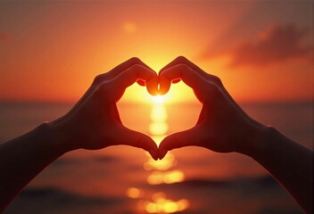 A Symbol of Love and Spiritual Connection: Hands Forming a Heart Shape Against a Sunset Backdrop - A Romantic Image for Love, Spirituality, and Healing Themes