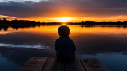 A young boy sits on a dock watching a beautiful sunrise over a lake.