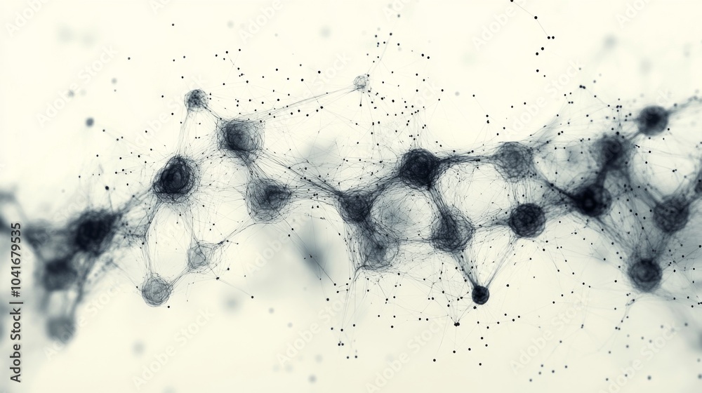 Aufkleber This visual depicts a network of interconnected particles dispersed across a white background, emphasizing scientific themes in an abstract style.