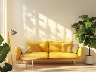 Fototapeta premium 鮮やかな黄色のソファが映えるミニマルなリビングルーム | Modern Minimalist Living Room with a Vibrant Yellow Sofa