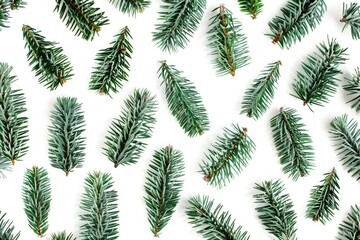 A collection of pine branches arranged on a white surface