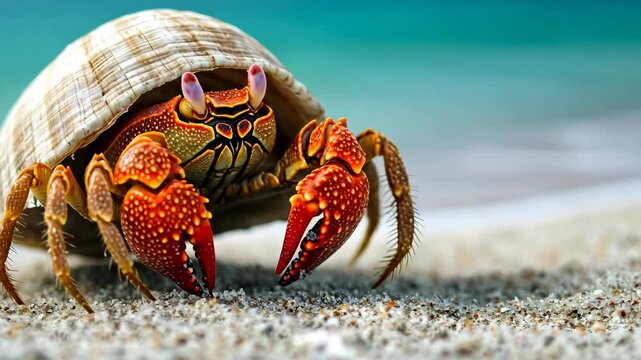 A red and orange hermit crab crawls on the sandy beach, its shell providing protection