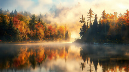 Serene autumn landscape with vibrant fall foliage reflects on calm lake, surrounded by misty pine trees.