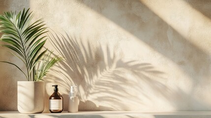 Minimalist Plant and Bottle Arrangement in Soft Light