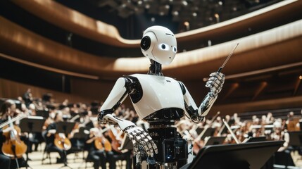 A robotic musician composing symphonies in a modern concert hall, elegant and musical setting with orchestral instruments and grand stage, Symphony Composition Robotics style