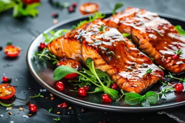 Grilled salmon with garnish, Meticulously presented meal on a plate close up