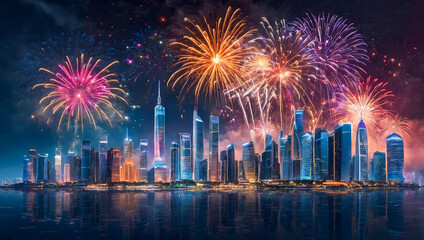 Fototapeta premium AI-generated images of colorful breathtaking dazzling New Year fireworks celebrations over the city 