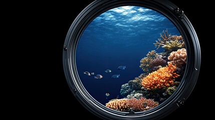 Discover a breathtaking underwater view of coral reefs and tropical fish visible through a round window, basking in soft sunlight