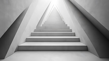 Obraz premium A long staircase leads up to a bright light in a white, triangular hallway.