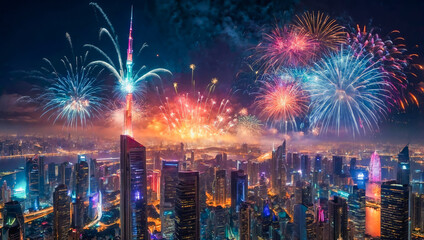 Obraz premium AI-generated images of colorful breathtaking dazzling New Year fireworks celebrations over the city 