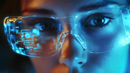 Detailed close-up of a person's face wearing futuristic glasses with holographic data reflected, representing wearable tech and augmented reality