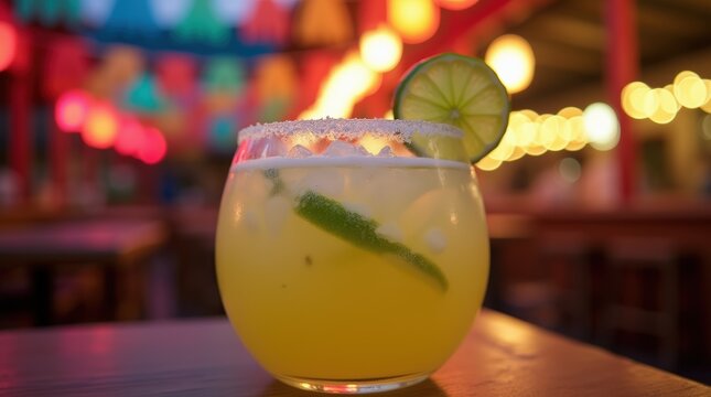 Erfrischender Margarita Cocktail mit Limetten und Salzrand in einer karibischen Bar