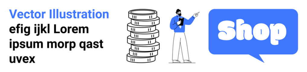 A man holding a shopping bag pointing at a speech bubble with the word Shop and a stack of coins. Ideal for e-commerce, online shopping, digital marketing, finance, and retail. Landing page