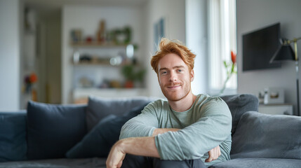 Fototapeta premium Young Caucasian man with blond hair, relaxed and sitting on a couch at home.