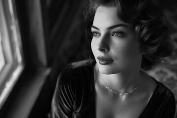 Naklejka premium Generative AI image of woman in style of black white cinema old fashioned movie