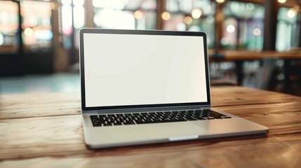 Laptop with blank screen on a wooden table in a cafe. Concept of workspace, remote work, and technology. Design for website mockups and promotional banners.