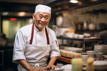 Smiling portrait of a senior Asian sushi chef working in kitchen