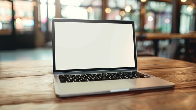 Laptop with blank screen on a wooden table in a cafe. Concept of workspace, remote work, and technology. Design for website mockups and promotional banners.