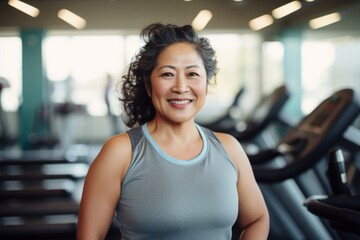 Fototapeta premium Smiling portrait of a slightly overweight middle aged woman in gym