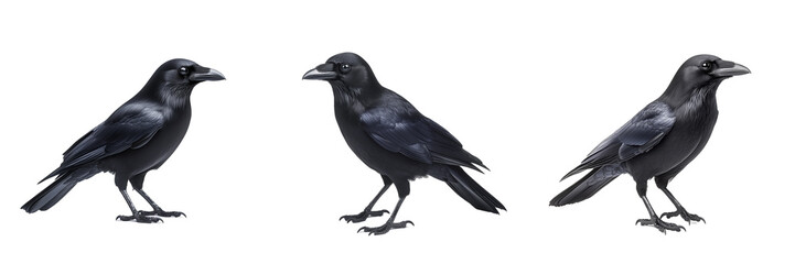 Fototapeta premium Halloween crow perched with an eerie, classic pose, featuring detailed feathers and a slightly menacing expression, isolated on a transparent background.