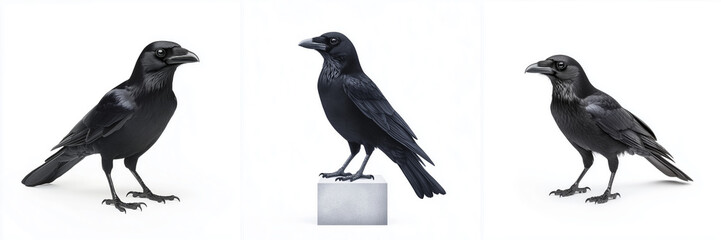 Fototapeta premium Halloween crow perched with an eerie, classic pose, featuring detailed feathers and a slightly menacing expression, isolated on a white background.