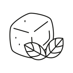 Doodle outline ice cube with mint leaves isolated on white background.
