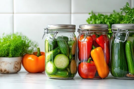 A collection of jars filled with various types of vegetables