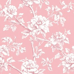 This elegant pattern features intricately drawn white flowers and leaves on a soft pink background, perfect for feminine and romantic design projects.