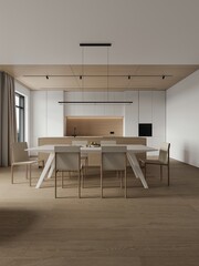 Modern living room in light beige colors with paneling on the walls with a white corner sofa and an designer furniture. Living, kitchen, dining area. 3d rendering.