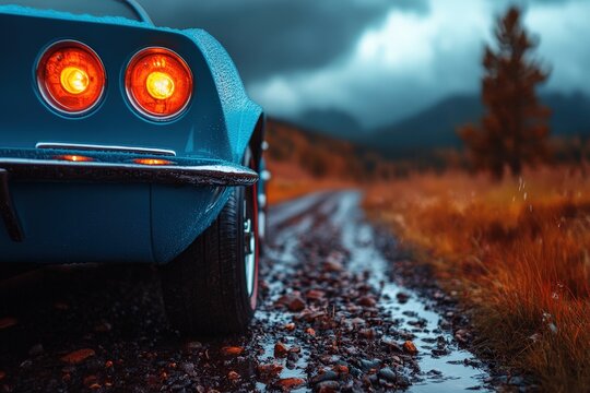 A classic blue car with slick detailing stands poised on a rain-slicked gravel road, under a moody sky that promises adventure and mystery.