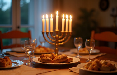 Warm Hanukkah dinner with menorah and pastries in intimate dining setting