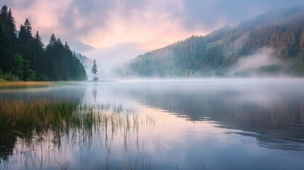Fototapeta premium Mountain lake with misty reflection and forested hills during sunrise. Concept of nature, tranquility, and peaceful landscape. Design for nature-themed posters and calming backgrounds.