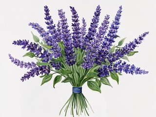 Blue and lavender verbena bouquet hand drawn painted painting illustration on plain white background