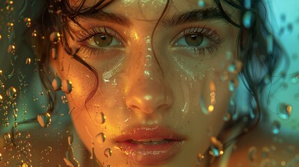 Close-Up Portrait of a Woman with Water Drops